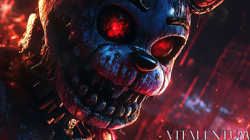 Burning cybernetic horror animatronic with glowing eyes.