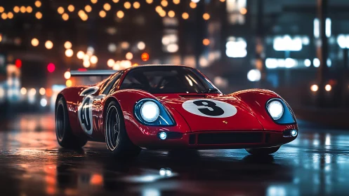 Classic red race car glowing under dreamy city lights.