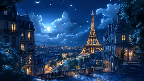Moonlit Eiffel Tower glows above romantic Parisian rooftops
