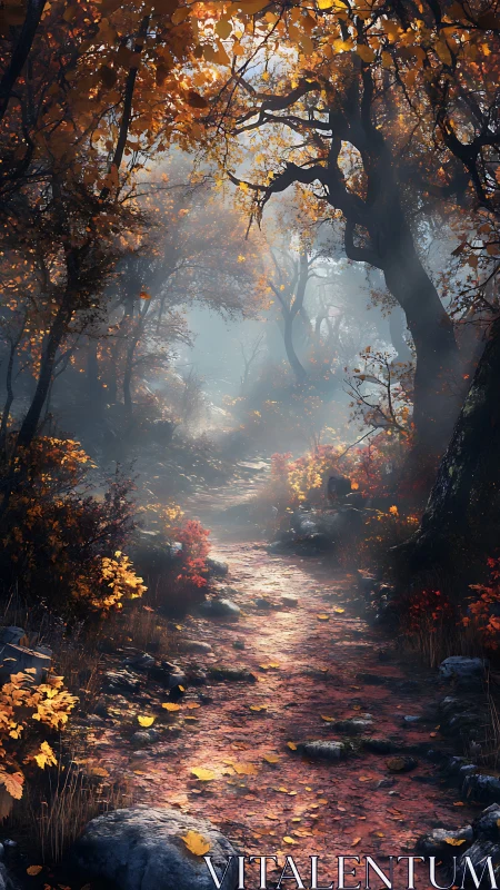 Autumn forest pathway with mist and golden foliage canopy