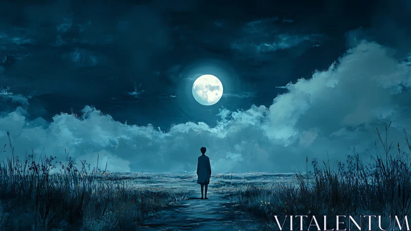 Solitary figure under luminous full moonlit sky.