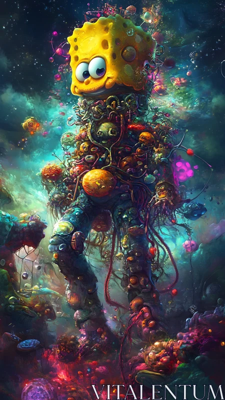 Surreal sponge-headed biomech titan strides through neon cosmos