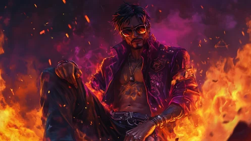 Male figure sits in foreground surrounded by stylized fire glow