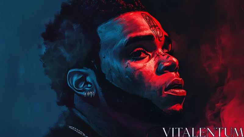 Portrait divides face in electric blue and burning red light.