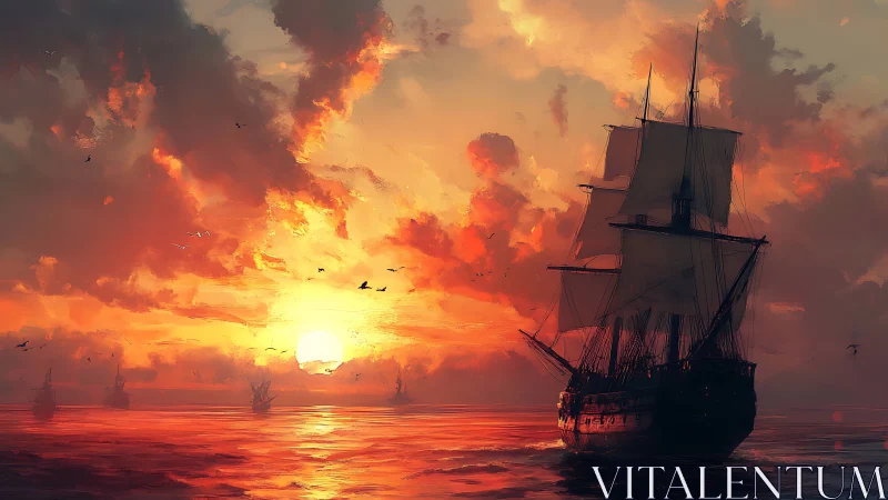 Crimson-sailed galleon drifting into molten sunset hush.