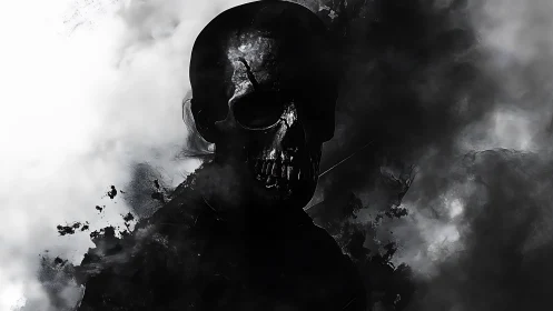 Dark skeletal figure emerges from swirling monochrome smoke