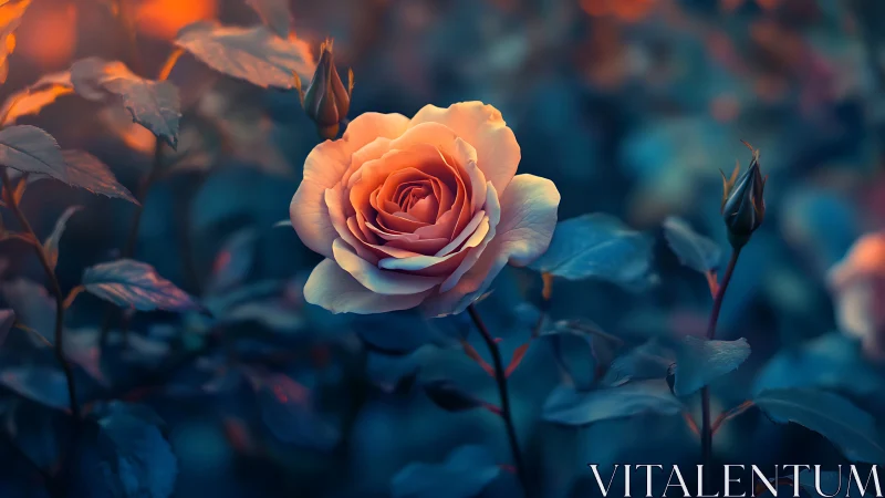 Orange hybrid rose illuminated through differential color grading with tonal separation