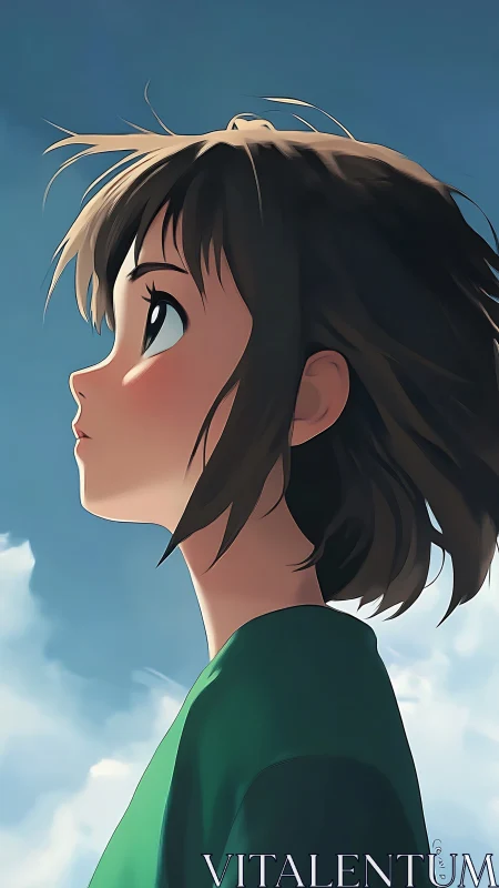 Anime profile portrait under expansive sky in soft light.