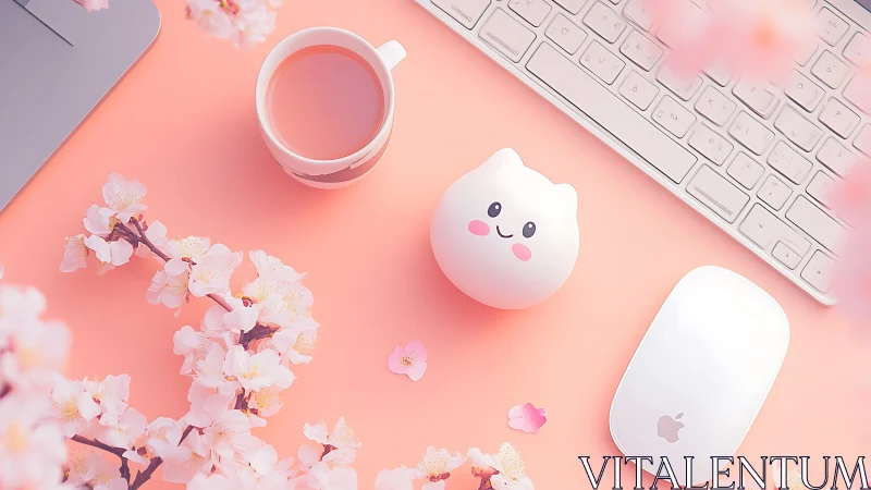 Pastel cherry blossom desktop layout with kawaii cat lamp