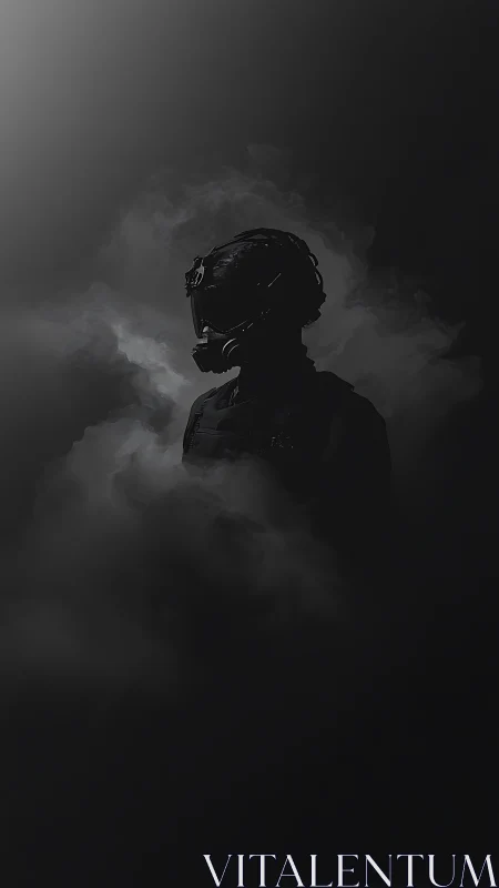 Solitary tactical soldier in gas mask emerging from smoke.