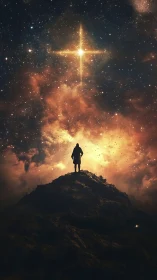 Silhouette watches blazing cosmic star over glowing clouds.