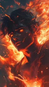 Fiery male figure with glowing eyes emerging from flames.