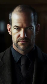 Intense bald man in dark suit stares with unwavering resolve