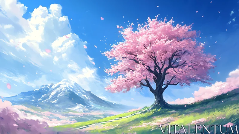 Cherry blossom tree crowns sunlit hill under alpine sky.
