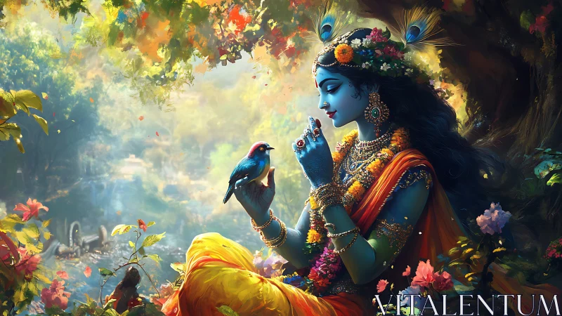 Divine blue figure cradles songbird in lush golden forest.