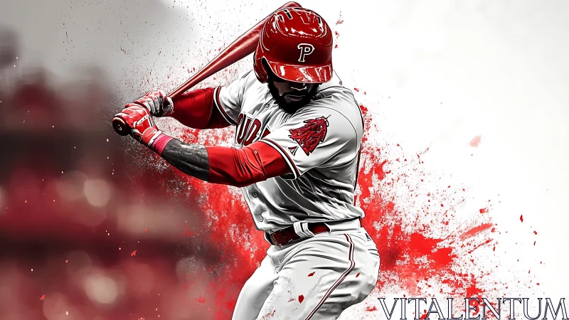 Dynamic red-splatter illustration of power baseball batter mid-swing