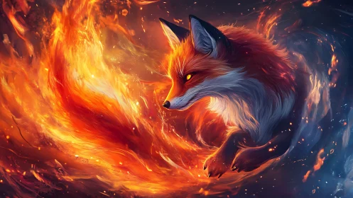 Pyrokinetic vulpine entity in turbulent inferno&ndash;aerodynamic arc.