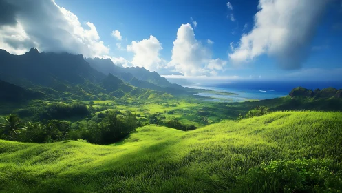 Sunlit tropical valley opening gently toward the bright sea.