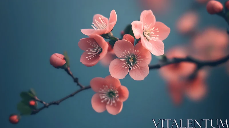 Pink Cherry Blossoms Against Teal Sky.