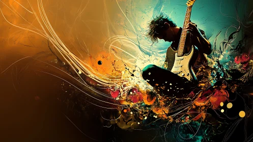 Guitarist explodes through swirling abstract color and light