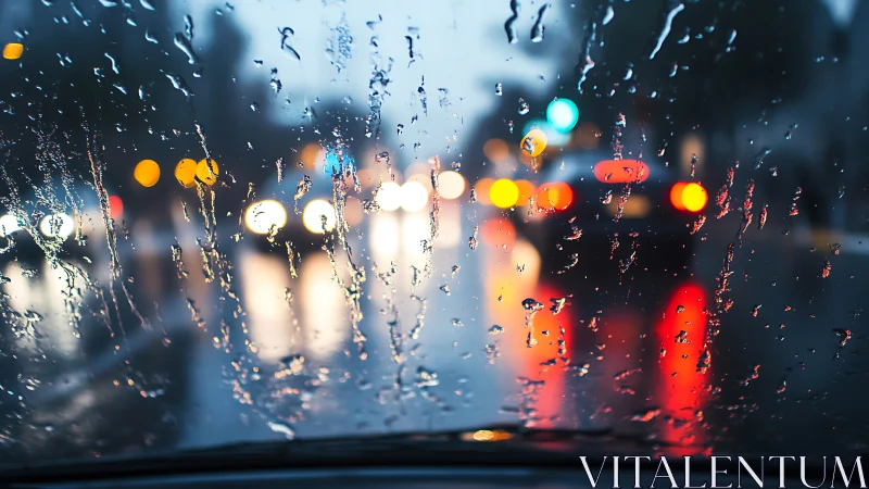 Raindrop-splashed windshield frames neon city traffic blur.