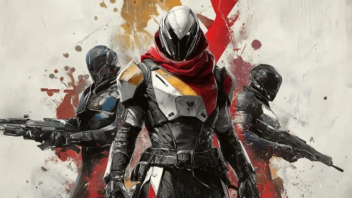 Armored sci fi squad in dynamic splatter painted formation.