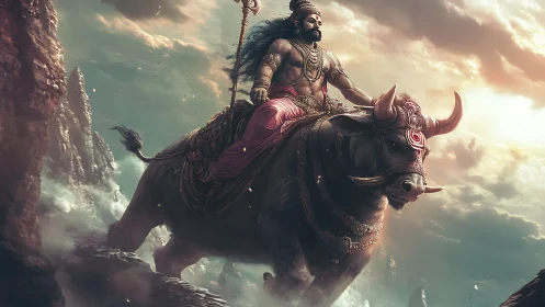 Divine warrior on armored bull charging through storm clouds.