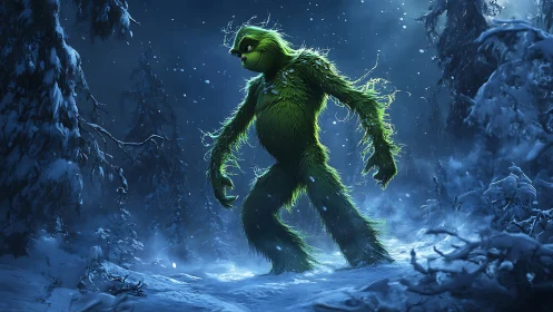 Emerald mischief-walker roaming a moonlit winter labyrinth.