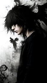 Brooding dark angel profile amid abstract ink wings.