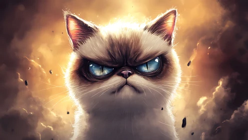 Furious blue-eyed cat dominates fiery storm backdrop.