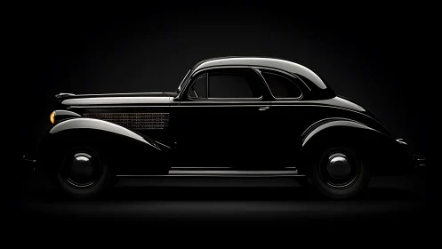 Velvet-shadow vintage coupe poised in cinematic darkness.
