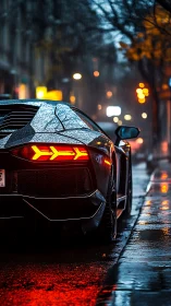Rear view shows parked sports car in wet urban street