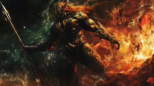 Digital painting of molten armored warlord in infernal maelstrom.