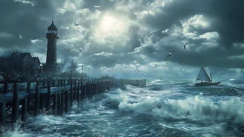 Storm-lashed lighthouse pier with turbulent ocean dynamics.