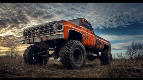 Lifted orange off-road truck dominates a moody rural sunset