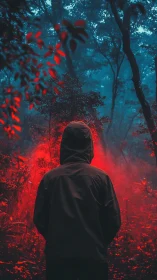 Hooded figure in red mist forest under cold blue canopy.