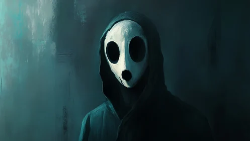 Hooded phantom in teal shadows holds a quiet, eerie gaze.