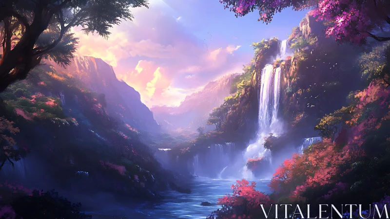 Celestial cascade over dreamlit valley of violet blooms.