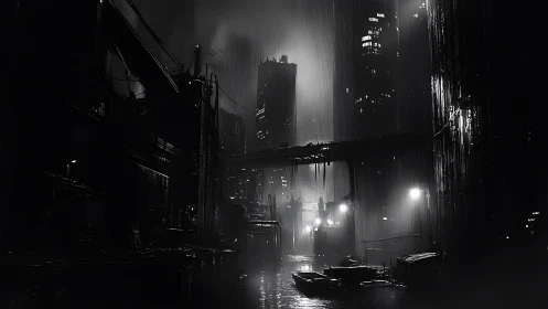 Rain-soaked cyberpunk canal under towering city lights.