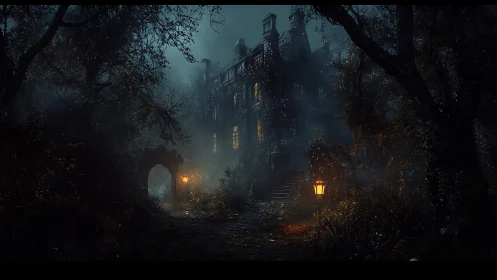 Mysterious ivy-covered mansion glowing through the mist.