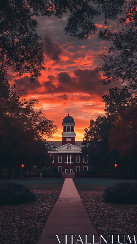 Crimson campus tower crowned by a fierce, burning sunset sky.