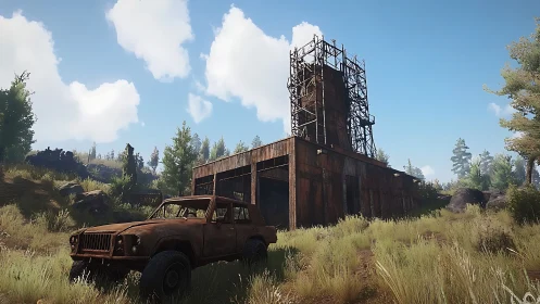 Rusting truck guards an abandoned factory in bright daylight