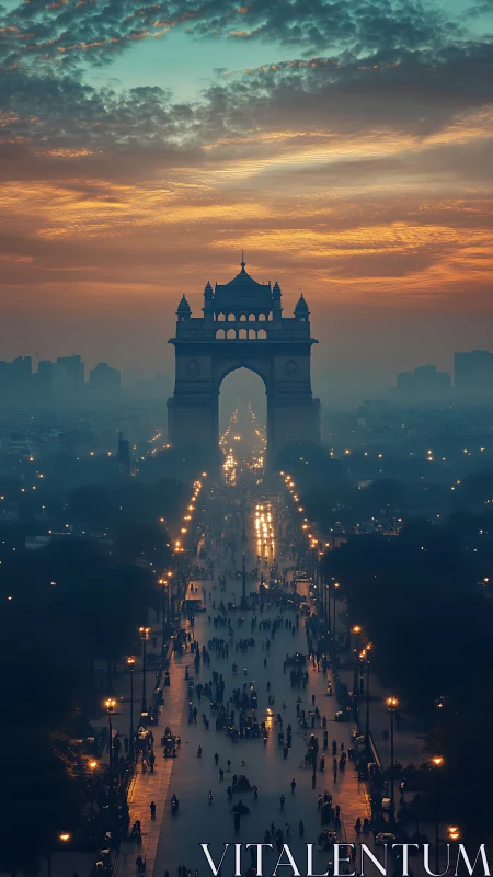 Photorealistic dusk city gate with axial processional avenue.