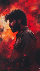 Brooding male profile against infernal red painterly blaze.