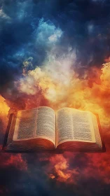 Open illuminated book levitating within high contrast nebula cloud field