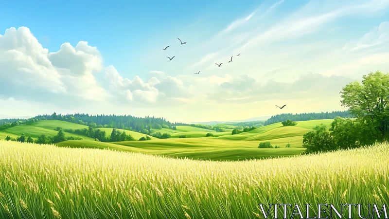 Radiant agrarian valley with stratified fields and avian motion.