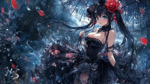 Gothic rain princess twirls beneath crimson petal storms.