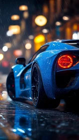 Midnight blue supercar glows against rain-soaked city neon.