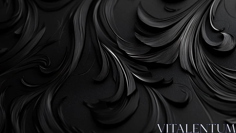 Sculpted black metallic swirls in high-contrast relief design.