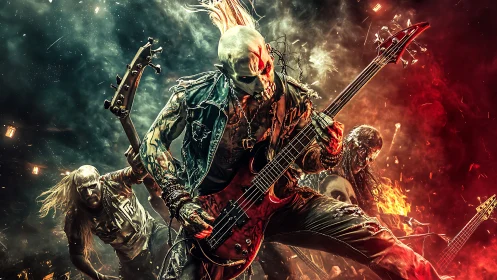 Masked metal guitarist leads intense fiery stage performance
